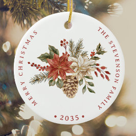 Ornamento De Cerâmica Elegante Feriado Vermelho Dourado Poinsettia