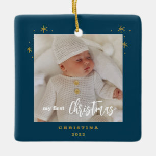 Ornamento De Cerâmica Elegante Foto do Bebê no Primeiro Natal dos Dois L