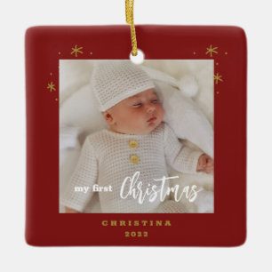 Ornamento De Cerâmica Elegante Foto do Bebê no Primeiro Natal em 2 Lados