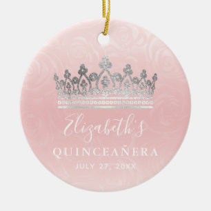 Ornamento De Cerâmica Elegante Foto Prata e Rosa Quinceanera