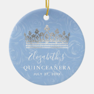 Ornamento De Cerâmica Elegante Foto Prata Luz Azul Bebê Quinceanera