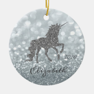 Ornamento De Cerâmica Elegante Glitter de Prata Unicórnio Bokeh