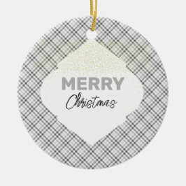 Ornamento De Cerâmica Elegante Glitter Feliz Xadrez de Natal Branco