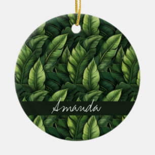 Ornamento De Cerâmica Elegante Green Watercolor Banana Leaf com Nome