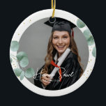 Ornamento De Cerâmica Elegante Greenery Calliografia | Foto de graduação<br><div class="desc">Crie sua própria Caligrafia Elegante | Foto de graduação Ornament cerâmico. Este design moderno e chic apresenta ilustrações de aquarela de ramificações de eucalipto. Adicione duas fotos personalizadas na frente e atrás, nome e um texto personalizado. Mostre todo o seu amor com este numa espécie de ornamento cerâmico personalizado. Perfeito...</div>