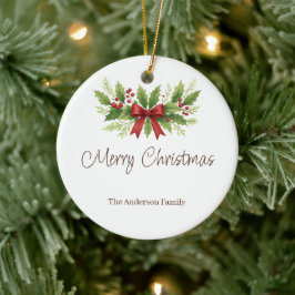 Ornamento De Cerâmica Elegante Holly e Arco Vermelho Natal -