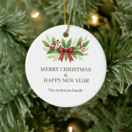 Ornamento De Cerâmica Elegante Holly e Arco Vermelho Natal -