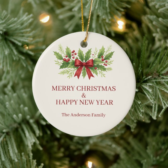 Ornamento De Cerâmica Elegante Holly e Arco Vermelho Natal - (Árvore)