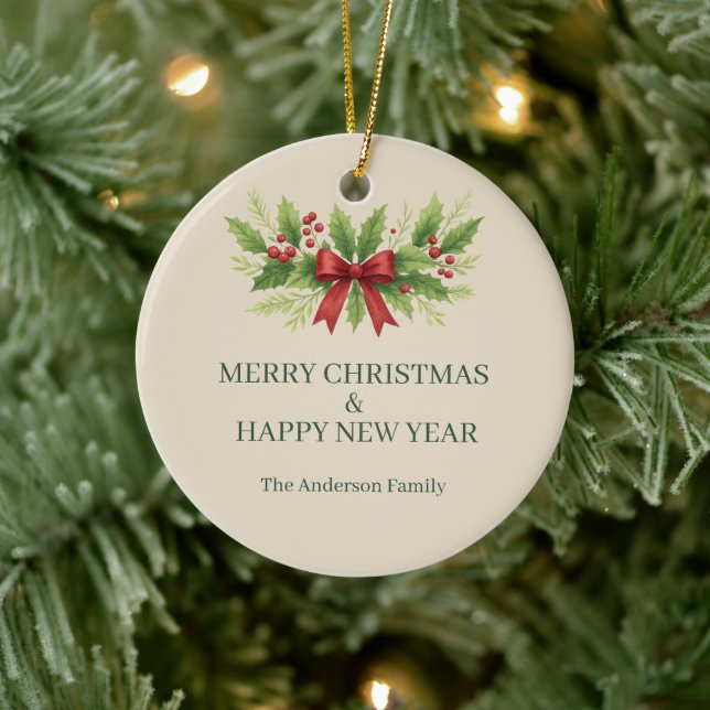 Ornamento De Cerâmica Elegante Holly e Arco Vermelho Natal - (Árvore)
