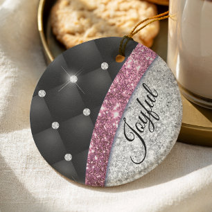 Ornamento De Cerâmica Elegante monograma feminino falso em preto e rosa