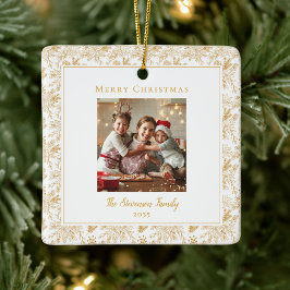 Ornamento De Cerâmica Elegante Natal Branco Foto Faux Dourado