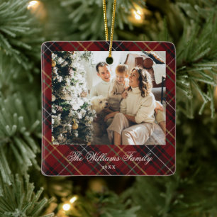 Ornamento De Cerâmica Elegante Natal com Foto em Xadrez Vermelho Clássic