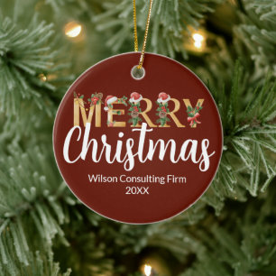 Ornamento De Cerâmica Elegante Natal Feliz Personalizado Negócios Vermel