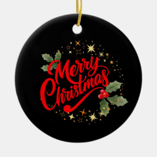 Ornamento De Cerâmica Elegante Natal Vermelho Script Folhas Áureas Estre