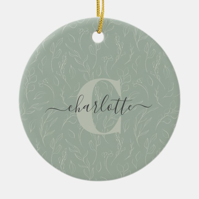 Ornamento De Cerâmica Elegante Nome Floral Botânico em Verde Sage Rústic (Frente)