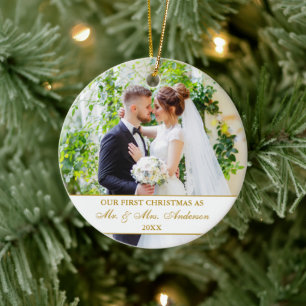 Ornamento De Cerâmica Elegante Nossa Primeira Foto Dourada de Natal 2