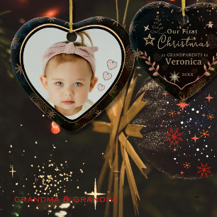 Ornamento De Cerâmica Elegante Nosso Primeiro Natal como Foto de Avós