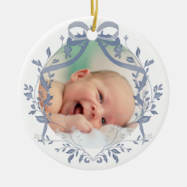 Ornamento De Cerâmica elegante quadro azul de aquarela obrigado batismo (Frente)