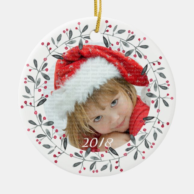 Ornamento De Cerâmica Elegante Red & Green Holly Wreath Natal (Frente)