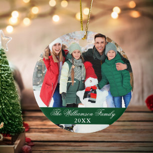 Ornamento De Cerâmica Elegante Rótulo 2 Lados Foto Natal Verde