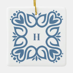 Ornamento De Cerâmica Elegante Rótulo de Monograma em Azul Poeirento