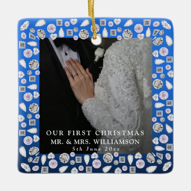 Ornamento De Cerâmica Elegante Silver Blue Heart Diamond Primeiro Natal (Frente)