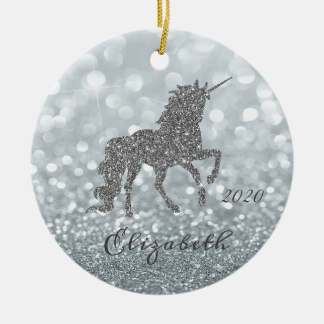 Ornamento De Cerâmica Elegante Silver Glitter Unicorn Bokeh (Frente)