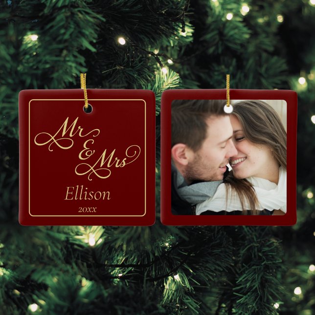 Ornamento De Cerâmica Elegante Sr. e Sra. (Mr and Mrs Christmas ornament for newlywed couples first christmas custom photo script calligraphy)