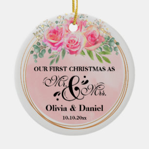 Ornamento De Cerâmica Elegante Sr e Sra Blush Flores Rosa Casamento