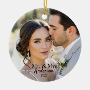 Ornamento De Cerâmica Elegante Sr e Sra Monograma de Foto de Casamento P