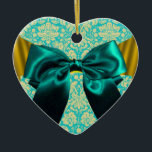 ORNAMENTO DE CERÂMICA ELEGANTE TEAL BRANCO DAMASK BLUE RIBBON MONOGRAM<br><div class="desc">Monograma do coração elegante com flores azuis brancas aqua azul damask e arcos amarelos ouros para Natal Feriado,  Dia de os namorados,  aniversário,  casamento,  salvar a data,  noivado romântico,  chás de panela.</div>