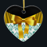 ORNAMENTO DE CERÂMICA ELEGANTE TEAL BRANCO DAMASK DOURADO MONOGRAMA<br><div class="desc">Monograma do coração elegante com flores azuis brancas aqua azul damask e arcos amarelos ouros para Natal Feriado,  Dia de os namorados,  aniversário,  casamento,  salvar a data,  noivado romântico,  chás de panela.</div>