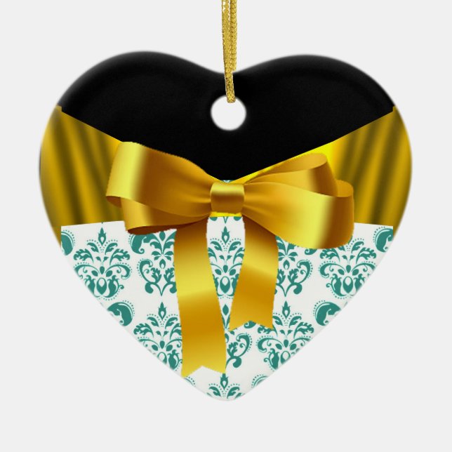 ORNAMENTO DE CERÂMICA ELEGANTE TEAL BRANCO DAMASK DOURADO MONOGRAMA (Frente)