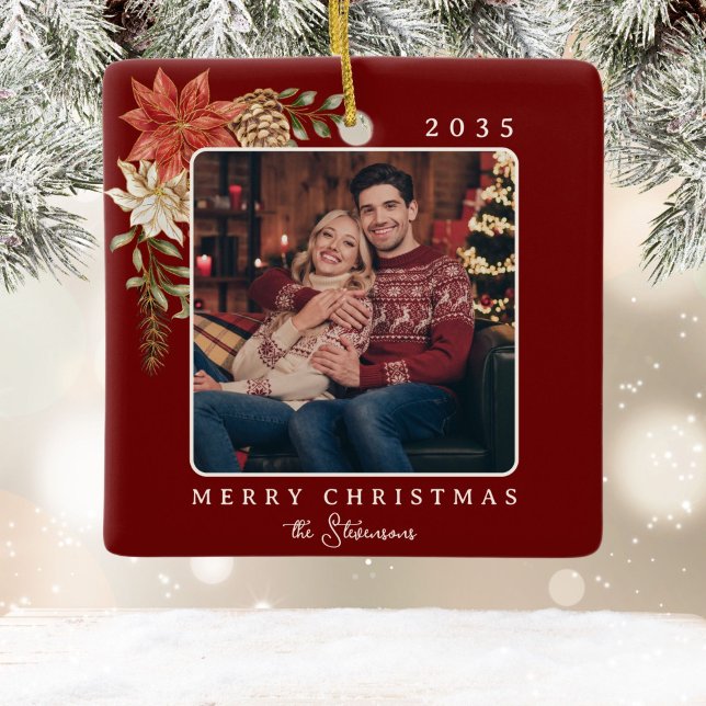 Ornamento De Cerâmica Elegante Vermelho Escuro Feliz Natal Poinsettia Fo (Criador carregado)