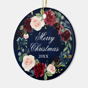 Ornamento De Cerâmica Elegante Watercolor Floral Wreath Feliz Natal