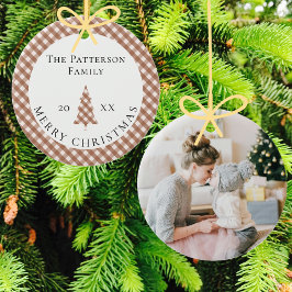 Ornamento De Cerâmica Elegante Xadrez Gingham Marrom Foto Feliz Natal