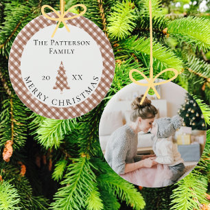 Ornamento De Cerâmica Elegante Xadrez Gingham Marrom Foto Feliz Natal