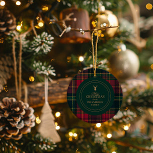 Ornamento De Cerâmica Elegante Xadrez Tartan Feliz Natal Nome da Família