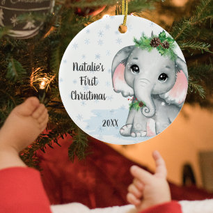 Ornamento De Cerâmica Elephant Baby First Christmas Girl Name