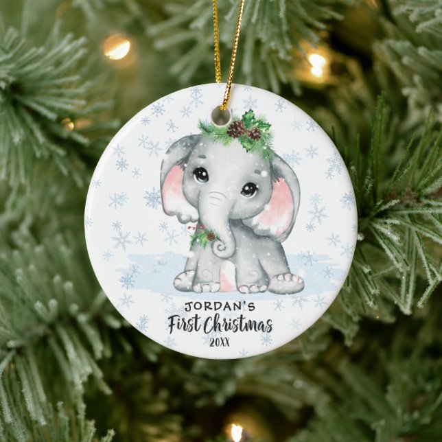 Ornamento De Cerâmica Elephant Baby First Christmas Photo Name (Árvore)