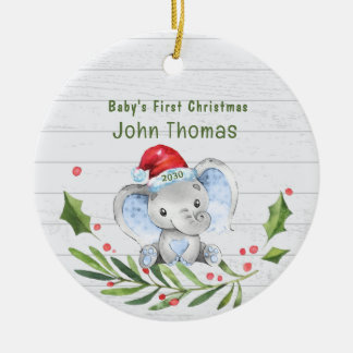 Ornamento De Cerâmica Elephant Boys Baby é o primeiro Natal personalizad