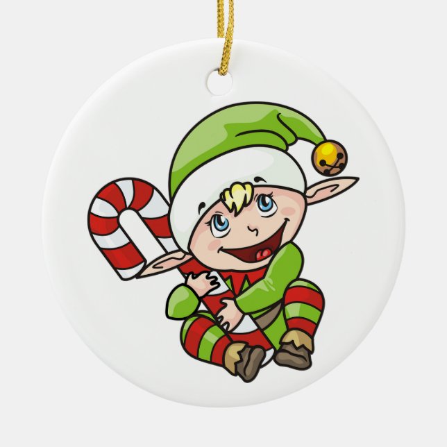 Ornamento De Cerâmica Elf com Candy Cane (Frente)
