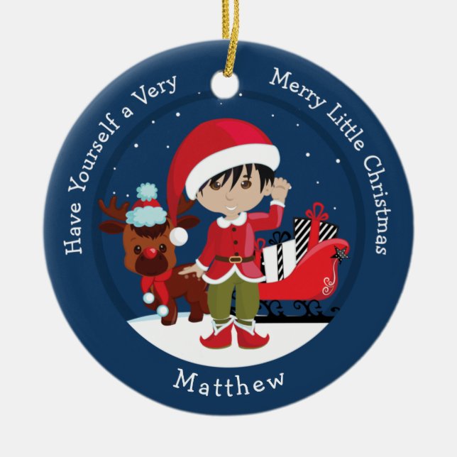 Ornamento De Cerâmica Elf de Menino Asiático (Frente)