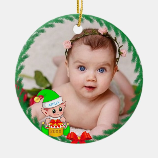 Ornamento De Cerâmica Elf de Natal bonito e foto personalizada (Frente)
