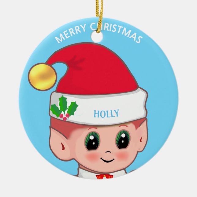 Ornamento De Cerâmica Elf de Natal bonito e nome personalizado em azul c (Frente)