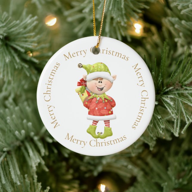 Ornamento De Cerâmica Elf de Natal com Presente (Árvore)