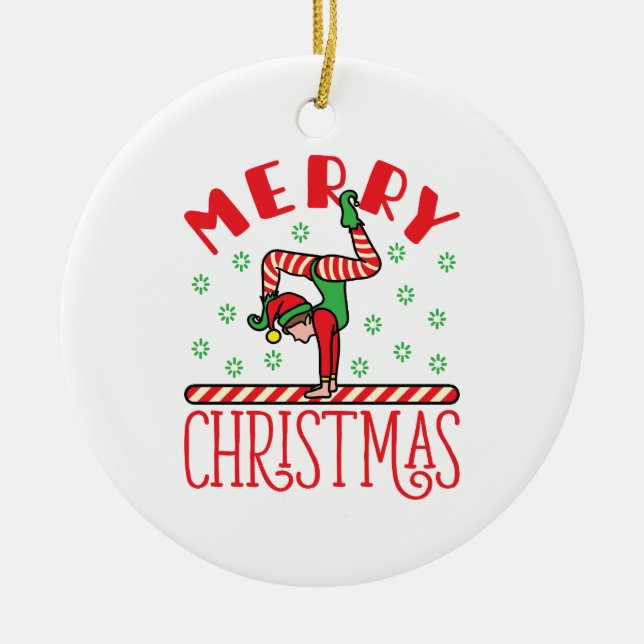 Ornamento De Cerâmica Elf de Natal da ginástica no Beam (Frente)