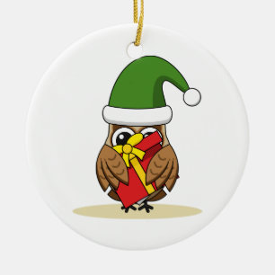 Ornamento De Cerâmica Elf Owl de Natal com Presente
