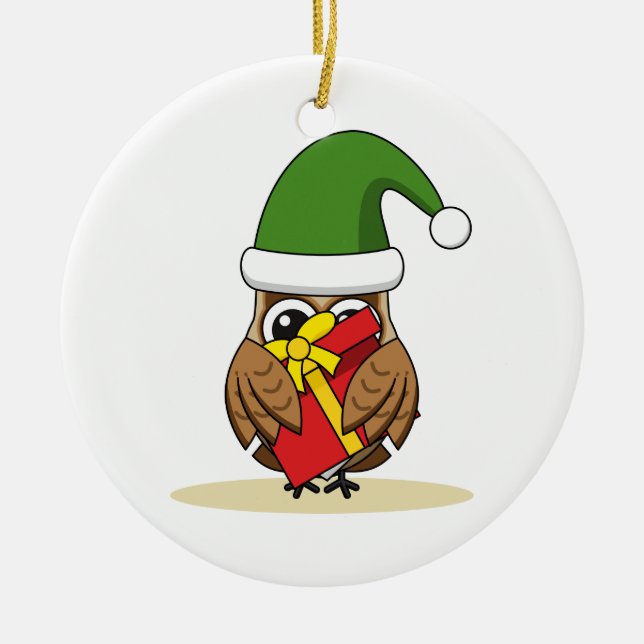 Ornamento De Cerâmica Elf Owl de Natal com Presente (Frente)