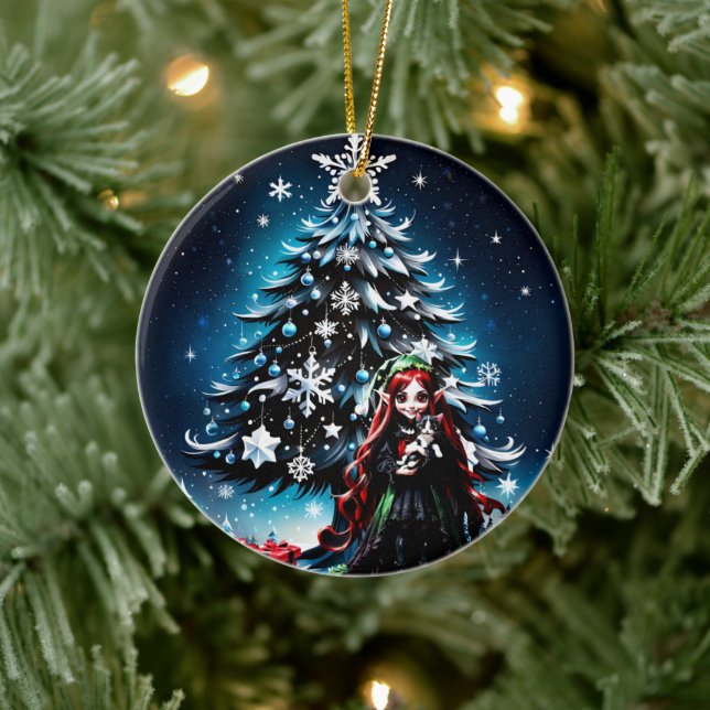 Ornamento De Cerâmica Elfo de Natal com Kitten. (Árvore)